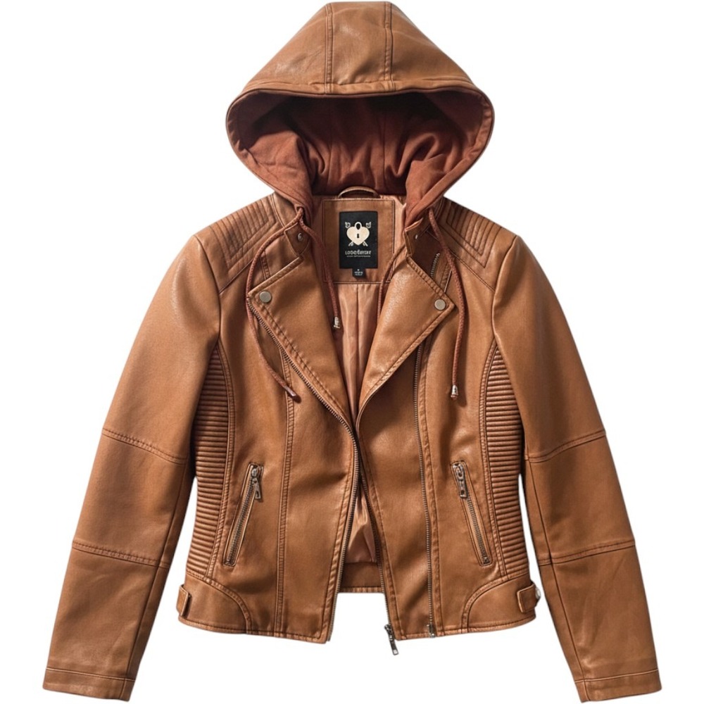 Lock & Love Women Moto Jacket S Tan‎ Faux Leather Removable Hood Size Small